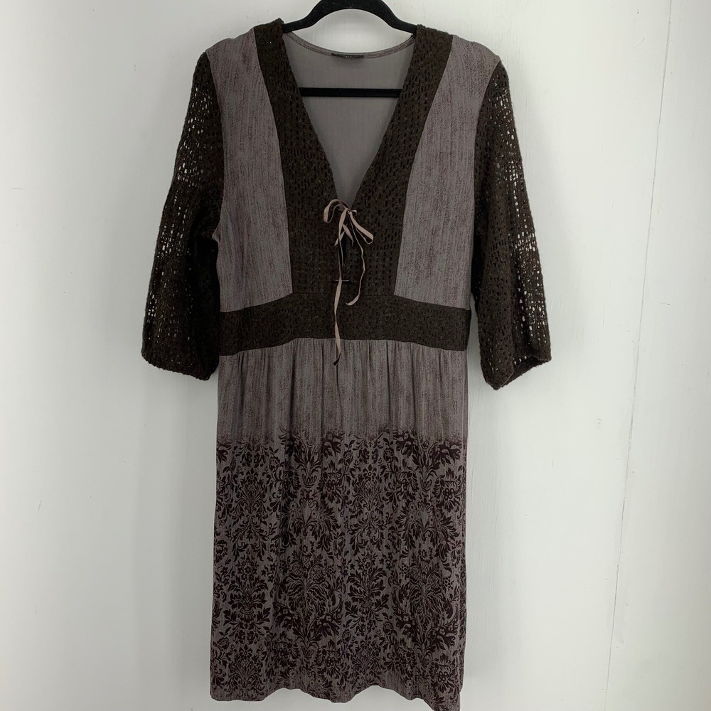 Venus Boho Mixed Media Lace Up Dress Brown Damask Crochet Sleeve Whimsigoth - Picture 1 of 9